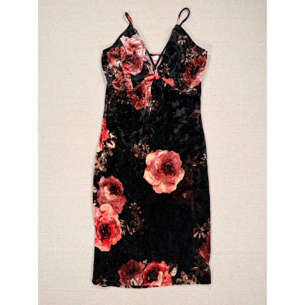 Q U.S.A. Women Floral Crushed Velvet Bodycon Dress Black Red Small D21700-1